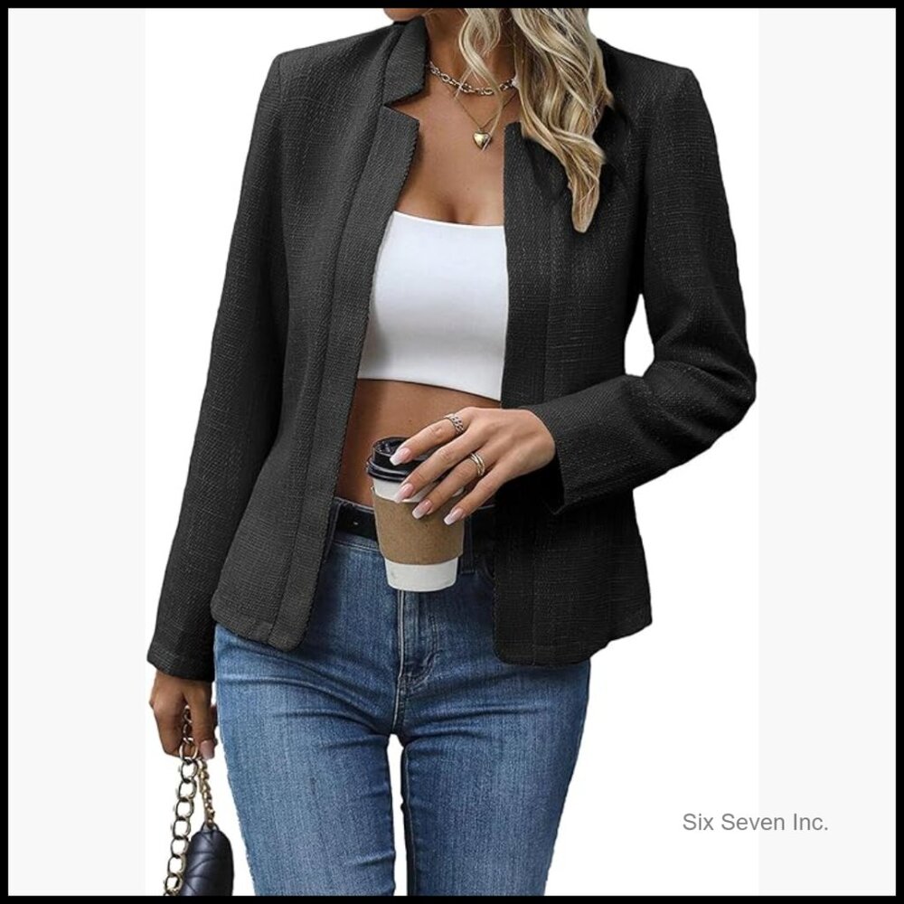 Lightweight Tweed Plaid Blazer Jacket Open Front Stand Collar Business Casual